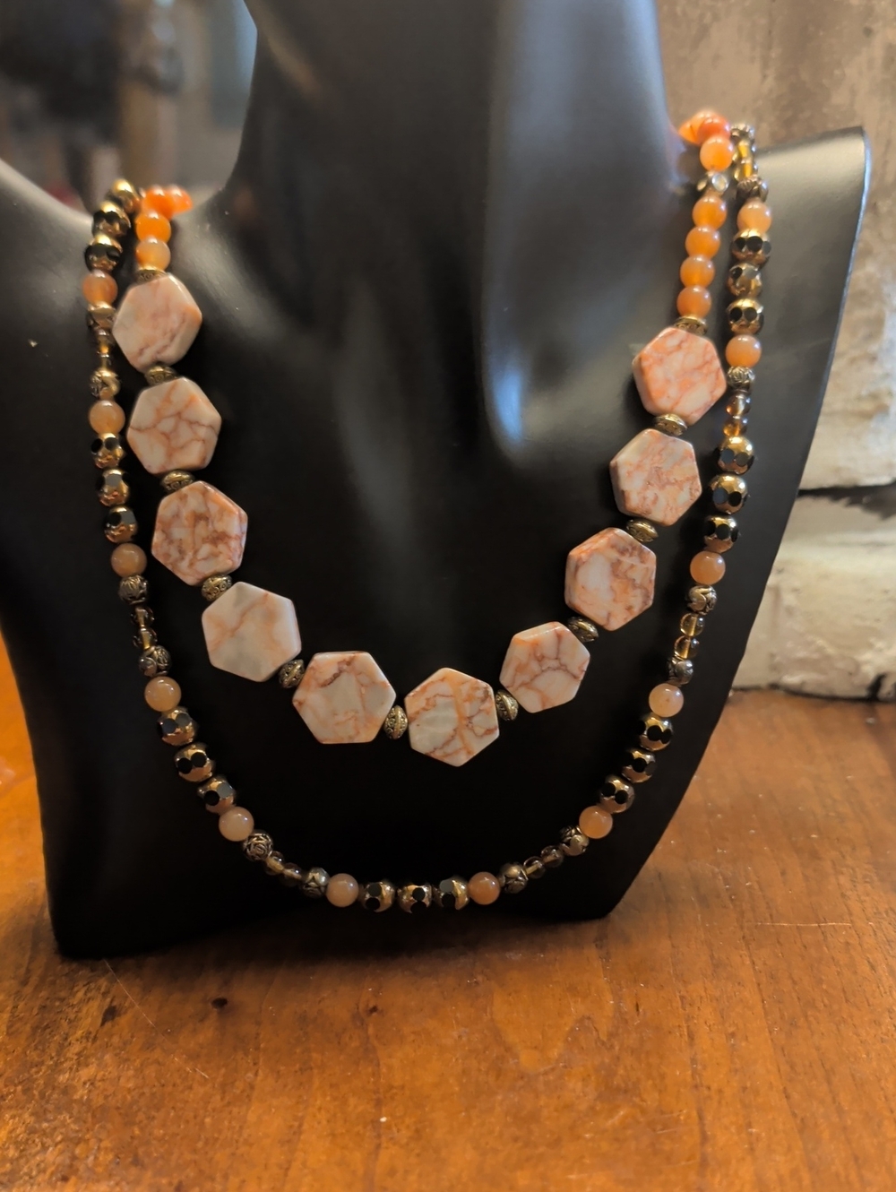 Vintage Necklace beads glass stone two strands brown cream color 11" drop